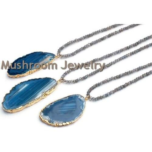 Boho Blue Agates Pendant Necklace Labradorite Beads Necklace Agates Slice Pendant Necklace