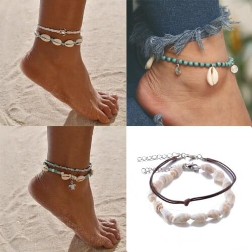 Bohemian Shell Ankle bracelets Foot Jewelry Handmade on leg Female Leather Anklets for Women Summer Beach Barefoot Set Leg Chain