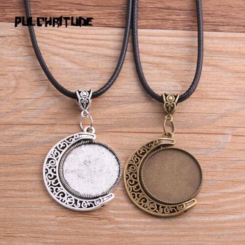 2pcs Zinc Alloy Two Color 25mm Moom Classic Style Double Sided Rotate Cabochon Base Setting With Leather Cord For Jewelry Making