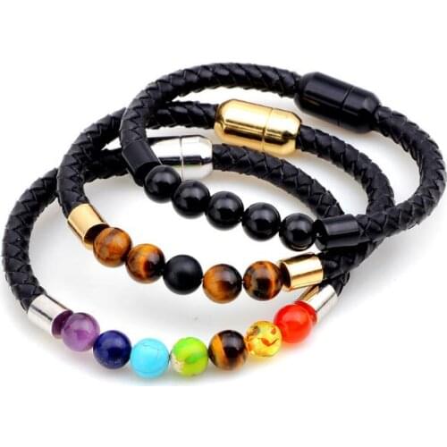 Hot sell seven chakras leather bracelet alloy yoga lava-rock energy bracelet 12pcs/lot free shipping