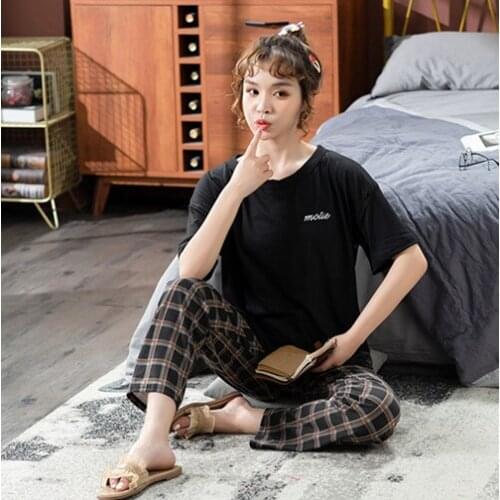 Summer new solid color milk silk short sleeve trousers, plaid loose pajamas, womens home wear