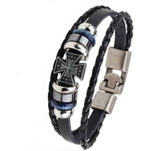 Men Leather Cross Bracelets Vintage Charm Multi-Layer Strand Religious Belief Bracelet Male Jewelry Gift