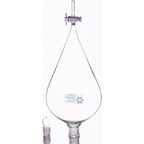 Separatory funnel pear shape,with ground-in glass stopper and stopcock.Capacity 10000ml,PTFE switch valve