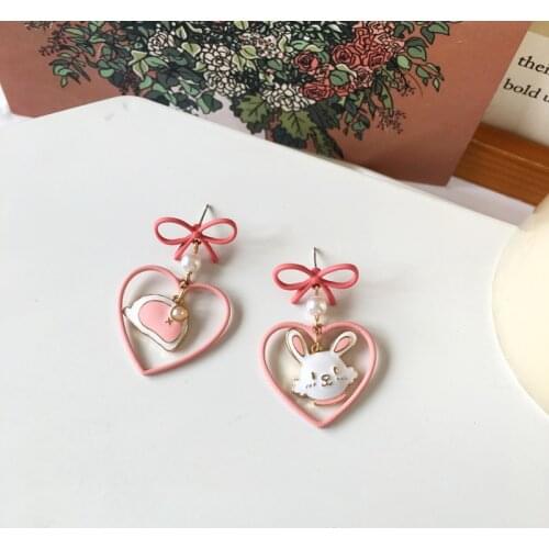 S925 Needle Pink heart bow cute rabbit face bunny asymmetric earrings
