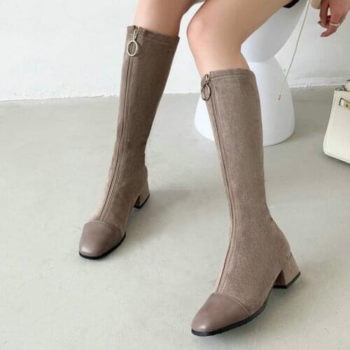 New Autumn Winter Female Knee Boots Metal Zipper PU Flock Stitching Boots Ladies Comfortable Low Heel Square Toe Womens Shoes