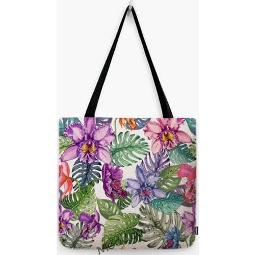 Summer Tropical Plant Flower Floral Casual Grocery Beach Bag Water Resistant Foldable Linen Shopper Shoulder Carry Bag Tote Bag