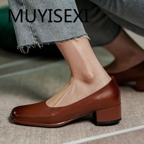 Vintage office natural leather 4cm med heel fashion mature square toe slip on daily wear cozy classic women pumps MUC05 MUYISEXI