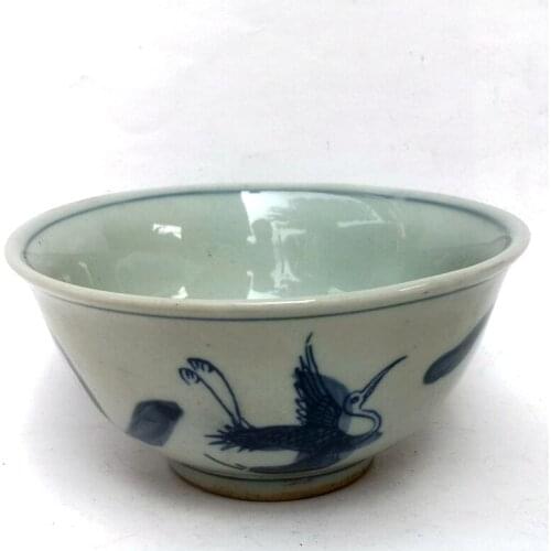 YIZHU CULTUER ART Collected China Old blue-and-white Porcelain Painting red-crowned crane Bowl Dish