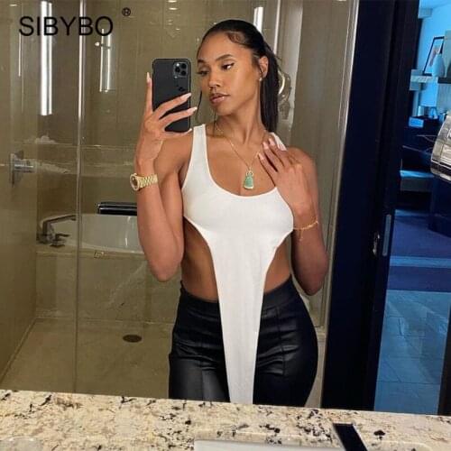Sibybo Sexy Irregular White Crop Top Women Summer U-Neck Backless Vest Tee 2021 Femme Basic Casual Sleeveless Tank Top Clubwear