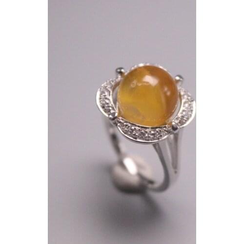 Solid S925 Sterling Silver Ring Women Luck Yellow Beeswax Flower Ring 15mmW US6-8 Best Gift