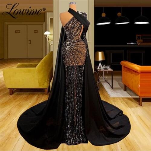 Lowime Black Beaded Crystal Evening Dresses 2021 Long Celebrity Party Dress Robe De Soiree Single Sleeve See Through Party Gown