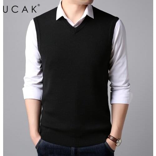 Solid Color V-Neck Vest Sweater Men Clothing UCAK Brand Classic Autumn New Streetwear Wool Vests Pull Homme Male Clothes U1257
