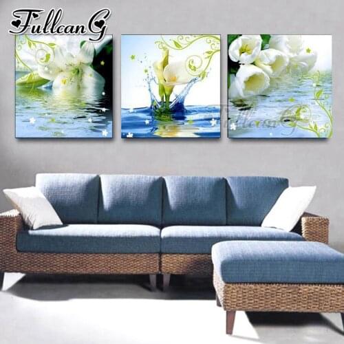 FULLCANG 5d diy diamond embroidery sale white calla lily triptych painting full square round drill mosaic pattern kit FC3205