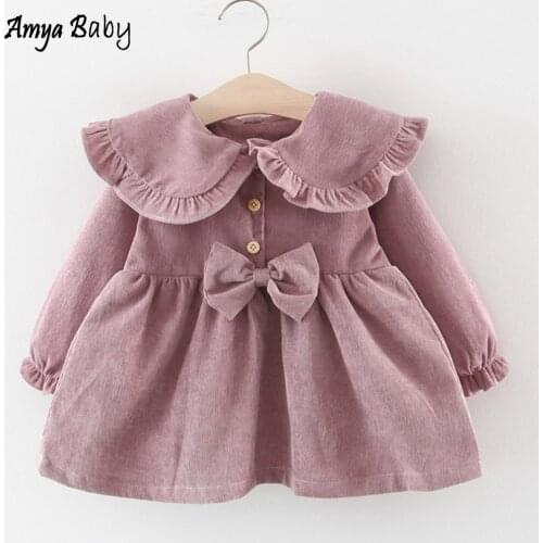 Amyababy 1st Birthday Dress Princess Costume Bow Peter Pan Collar Girls Long Sleeve Dress Spring Infant Kids Clothing 2020