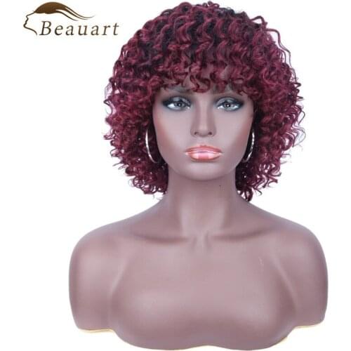 Beauart Afro Curly Human Hair None Lace Front 12"Short Natural Curls Wig With Hair Bangs For Black Women Bob Cut Machine Wigs