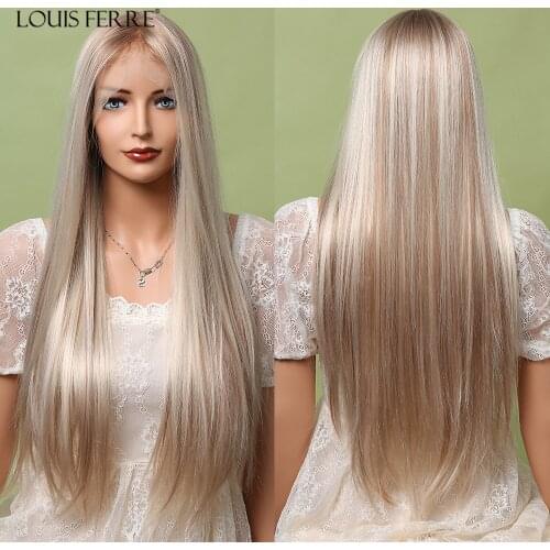 Highlight Platinum Blonde Lace Front Wig Long Brazilian Straight 13*1 T Part Lace Wig Middle Part Synthetic Hair Wigs for Women