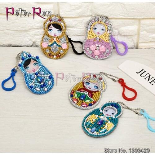 DIY Full Diamond Painting Keychains Doll Russia Cartoon Cross Stitch Keyring Special Shaped Drill Embroidery Women Bag Key Chain