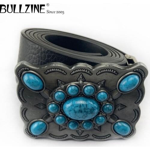 Bullzine Zinc alloy retro western Turquoise stone belt buckle cowboy jeans gift belt buckle FREE PU belt FP-03415 drop shipping