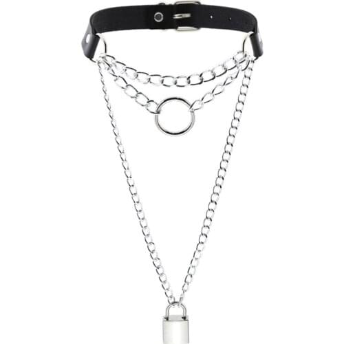 Personality Harajuku O-ring chain necklace Fashion trend Leather spliced chain neck chain collarbone chain