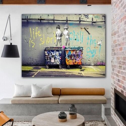 Modern Street Art Picture Two Boy Canvas Painting Graffiti Wall Art Life is Short Print Poster for Living Room Decor