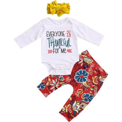 3 Pieces Infant Kids Baby Suit Set, Floral Print Round Neck Long Sleeve Baby Romper+ Trousers+ Headband, White