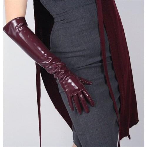 2020 New Patent Leather Long Gloves 50cm Long Emulation Leather PU Mirror Bright Leather Wine Red Dark Red Female WPU13