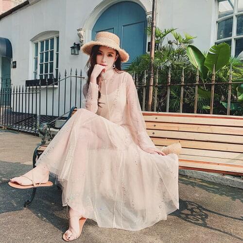 Fashion shiny women dress sequined transparent loose a line mesh patchwork elegant solid summer dress korean female streetwear