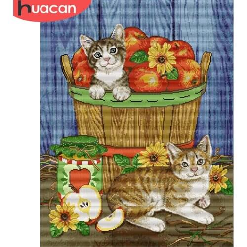 HUACAN Embroidery Cat And Fruit Cross Stitch Sets White Canvas Needlework Handicrafts Cross Stitch Animal 14CT 11CT