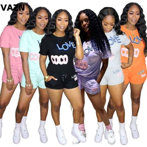 VAZN Popular 2020 summer sexy lady 6 colors 2-piece short set short sleeve O-neck tees shorts set young gir daily casual new set