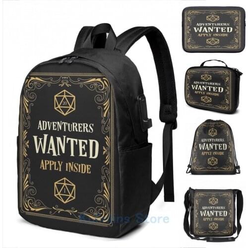 Funny Graphic print Adventurers Wanted Apply Inside RPG USB Charge Backpack men School bags Women bag Travel laptop bag