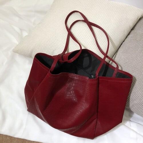 Women big size pu leather black grey red tote for female large capacity soft casual daily one shoulder bag