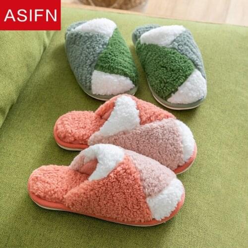 ASIFN New Winter Home Women Men Slippers Fashion Stitching Warm Classic Bedroom Non-slip Flock Indoor Ladies Cotton Slippers
