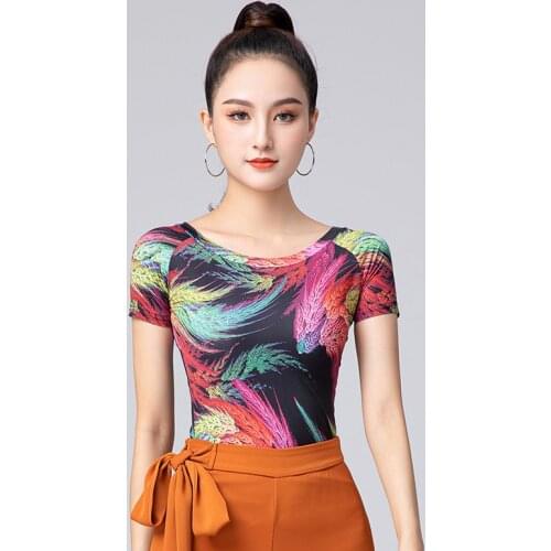 Women Latin Salsa Chacha Dance Performance Practice Costumes Ballroom Dance Printing Tops Sexy Gauze Long Sleeve Dance Clothes
