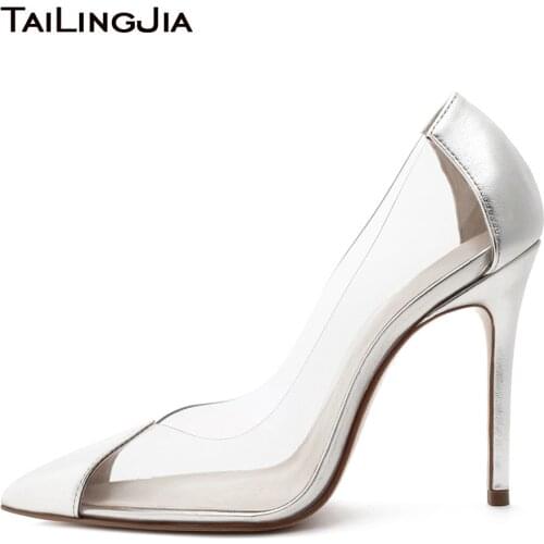 Pointed Toe High Heel Pumps For Women 2021 PVC Clear Heels Ladies Transparent Dress Shoes Stilettos Large Size Female Footwear