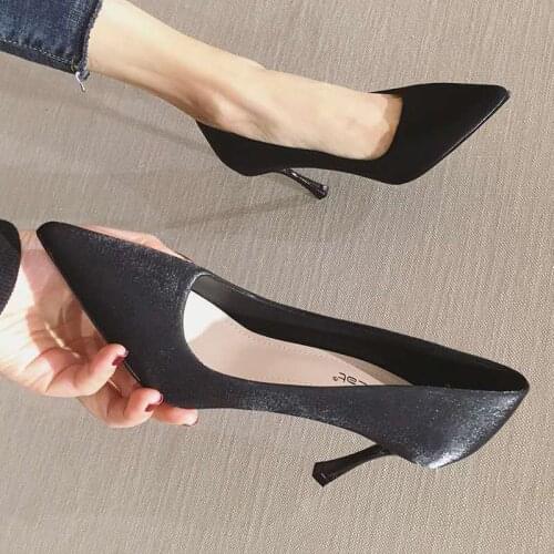Black High-heeled Shoes 2021 New French Pointed Stiletto Single Shoes Satin Professional Shoes Soft Leather Womens Shoes