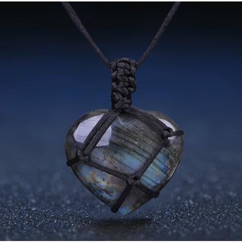 Heart-shaped Labradorite Necklace Natural Stone Pendant Wrap Braid Yoga Macrame Necklaces Men Women Energy Necklace Jewelry