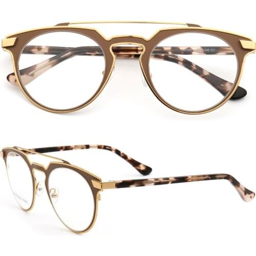 Women Vintage Round Eyeglass Frames Men Metal Optical Glasses Frames Double Bridge Stainless Steel Brown Tortoise Prescription