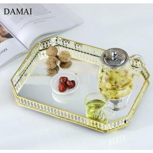 Nordic Hollowation Mirror Trays Decorative Gold Inlay Plating Craft Tray Perfume Skin-care Products Organizer Home Decoration