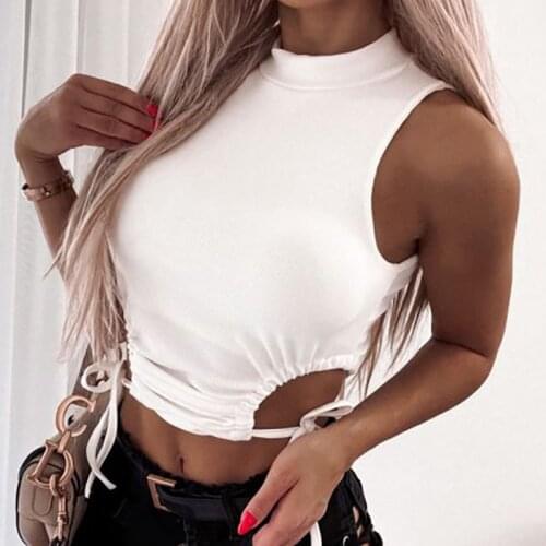 Women Rib Knit Side Tied Ruched Tank Tops Sleeveless Turntleneck Cut Out Crop Tops Summer Black White Mini Vest 2021