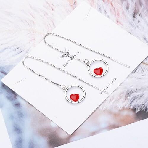 925 Sterling Silver Circle Red Heart Box Chain Earrings For Women Long Tassel Earrings Jewelry Wholesale S-E773