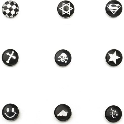 10 Patterns Heart Star Smiling Face Hexagram Cross etc Punk Black & White Magnet No piercing Women Stud Earrings