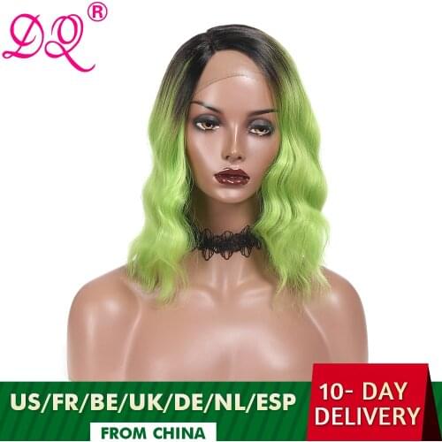 DQ Natural Wave Synthetic Lace Front Wig Synthetic Wig for Women Short Bob Wig Cosplay Wigs Ombre Blonde Green Purple Brown Wig