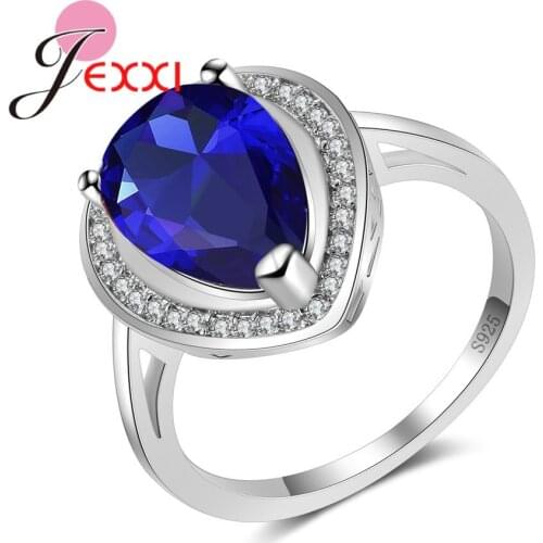 Hot Solid 925 Sterling Silver Jewelry for Women Sparkly Water Drop Crystal Finger Ring Luxury Red/Blue Option Wedding Anel