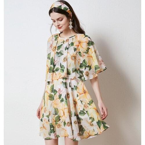 Fashion Runway Summer Short Beach Dress Women Half Sleeve Yellow Camellia Print Chiffon Vacation Mini Dress k369