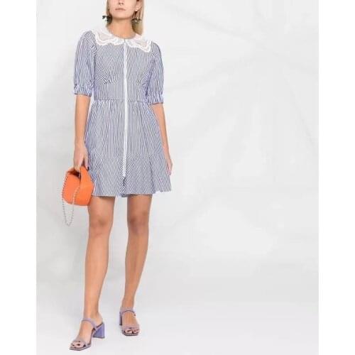 Women O-Neck Lace Stiching Hollow Out Mini Dress 2021 New Spring Summer Short Sleeve Slim Blue Stripes Zipper Dresses