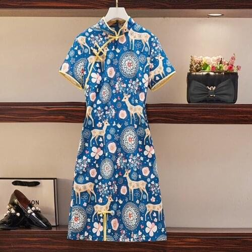 Chinese Cheongsam Style 2021 Summer Womens Short Sleeve Blue Deer Print Dress Vintage Split A-Line Dresses Qipao For Ladies