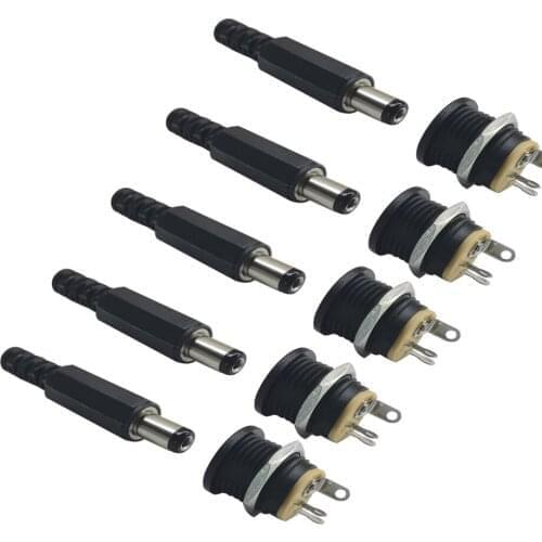 10PCS (5Pairs) DC12V 5.5 x 2.1mm Plastic Male Plugs DC022 DC Power Socket Female Jack Screw Nut Panel Mount Connector
