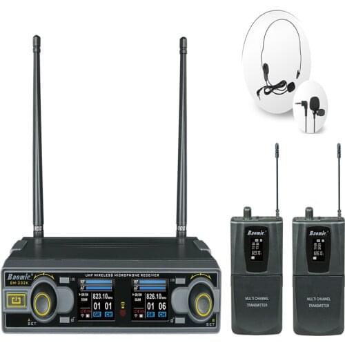 Baomic BM-332K UHF Wireless Headset or lavalier Microphone System Dual bodypacks IR SYNC Battery 1.5V