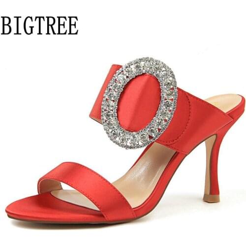 BIGTREE Women Sandals 2018 Fashion Sexy Wedding High-Heeled Metal Large Diamond Buckle Satin Word Female Sandals Slippers Woman
