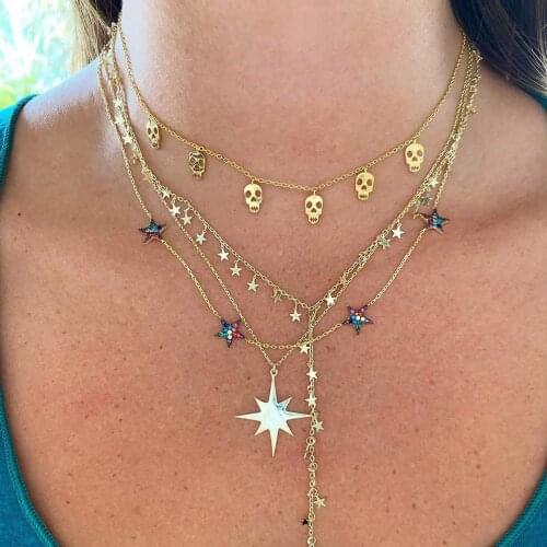 Gold color long lariat chain mini stack star link chain high polishing star charm pendant Y women sexy fashion jewelry necklace